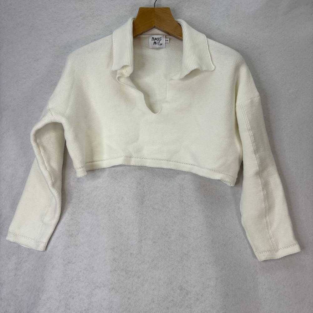 Princess Polly Womens Sz S/M Cream Cropped Knit Top Collar Long Sleeve Sweater